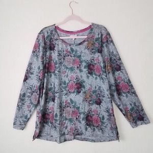 Per Se Plus Size Long Sleeve Tee Size 2X in Gray, Pink,‎ Green Floral